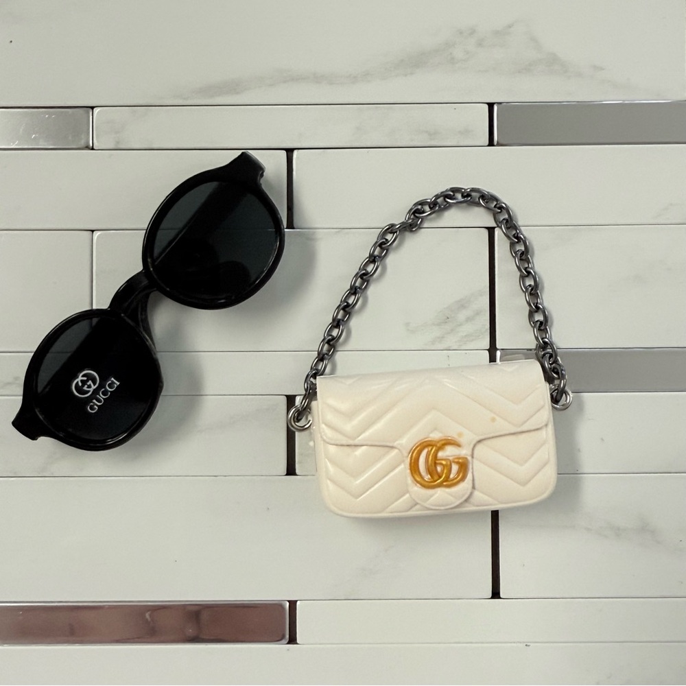 Labubu accessories bundle Cream Mini Bag with Chain and Sunglasses